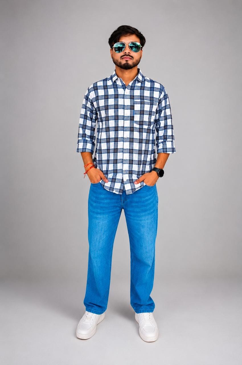 Men’s Blue & White Checked Cotton Casual Shirt - View 2